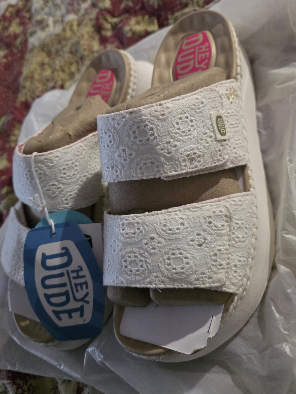 Hey Dude White Delroy Embroidered Double-Strap Slide Sandals